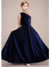 One Shoulder Navy Blue Velvet Long Flower Girl Dress